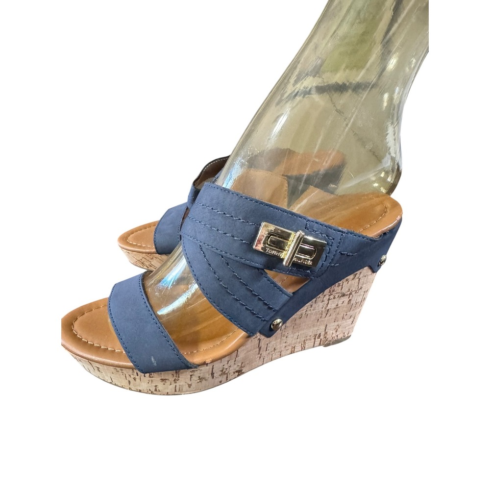 Tommy‎ Hilfiger Womens Navy Blue Cork Wedge Sandals Gold Turn Lock Hardware 8M